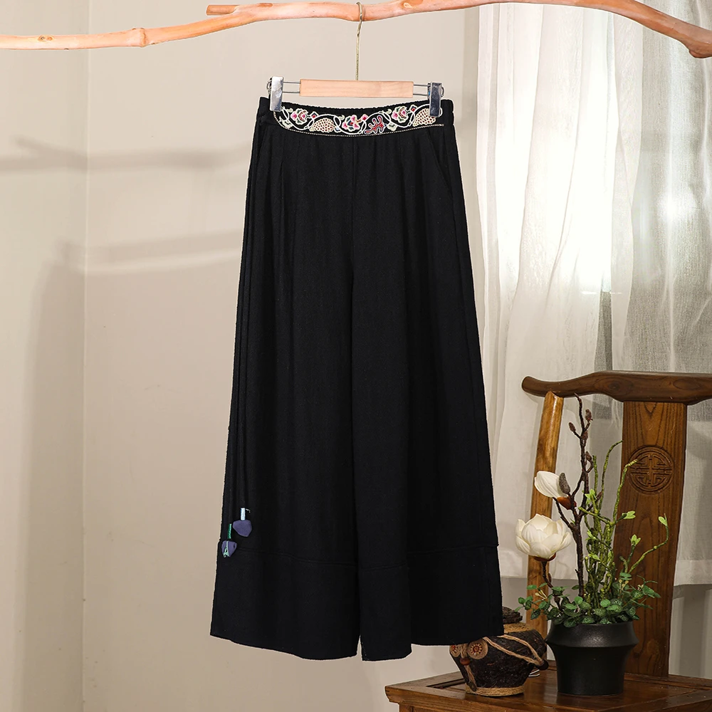 素娘国风原创女装刺绣黑色阔腿裤早春款宽松高腰S18988K休闲时尚