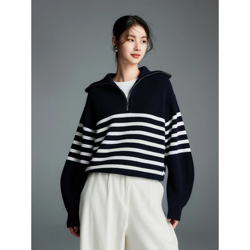 棉仓342605027-拉链半开襟重磅海军领羊毛毛衣