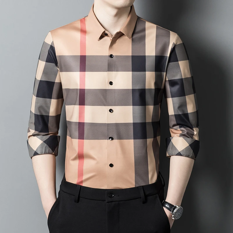 【专柜正品】欧洲轻奢长袖衬衫男士商务休闲无痕免烫易打理格子衬衣