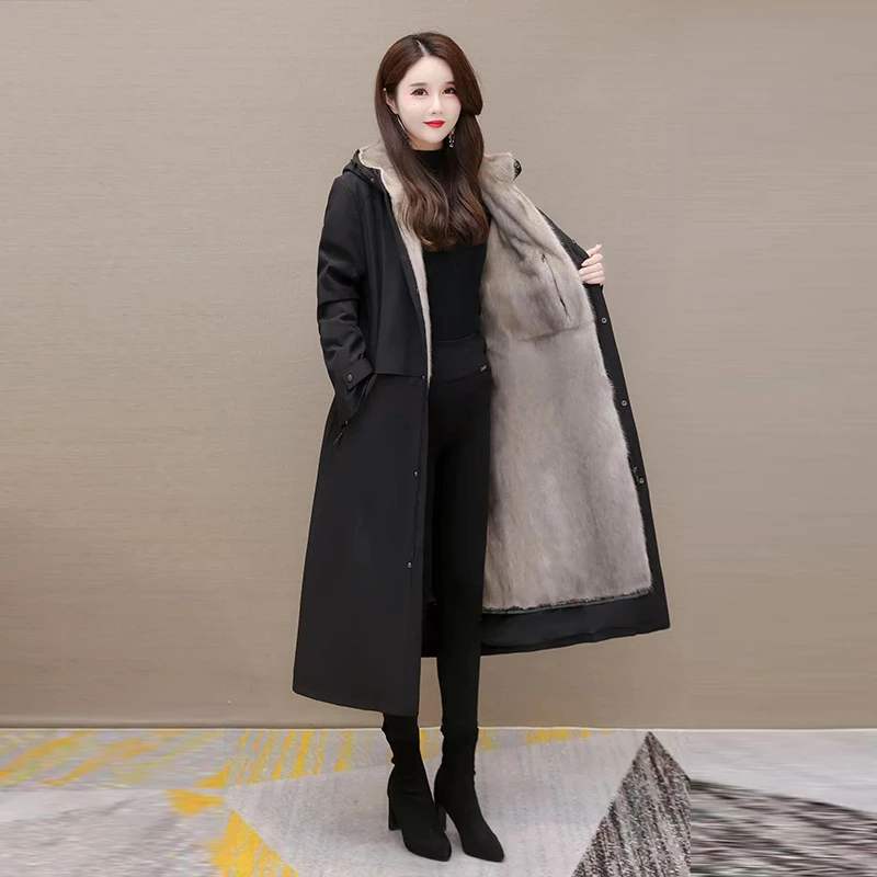 派克服女皮毛一体可拆卸内胆2022冬季新款长款过膝加厚皮草外套女