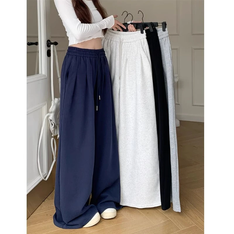 秋季新款美式休闲运动抽绳直筒阔腿裤女高腰显瘦宽松拖地长裤