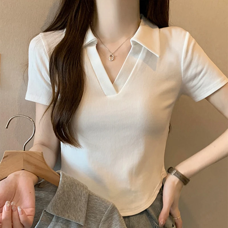 polo领白色短袖t恤女装夏季法式小众独特别致短款小上衣正肩t恤潮