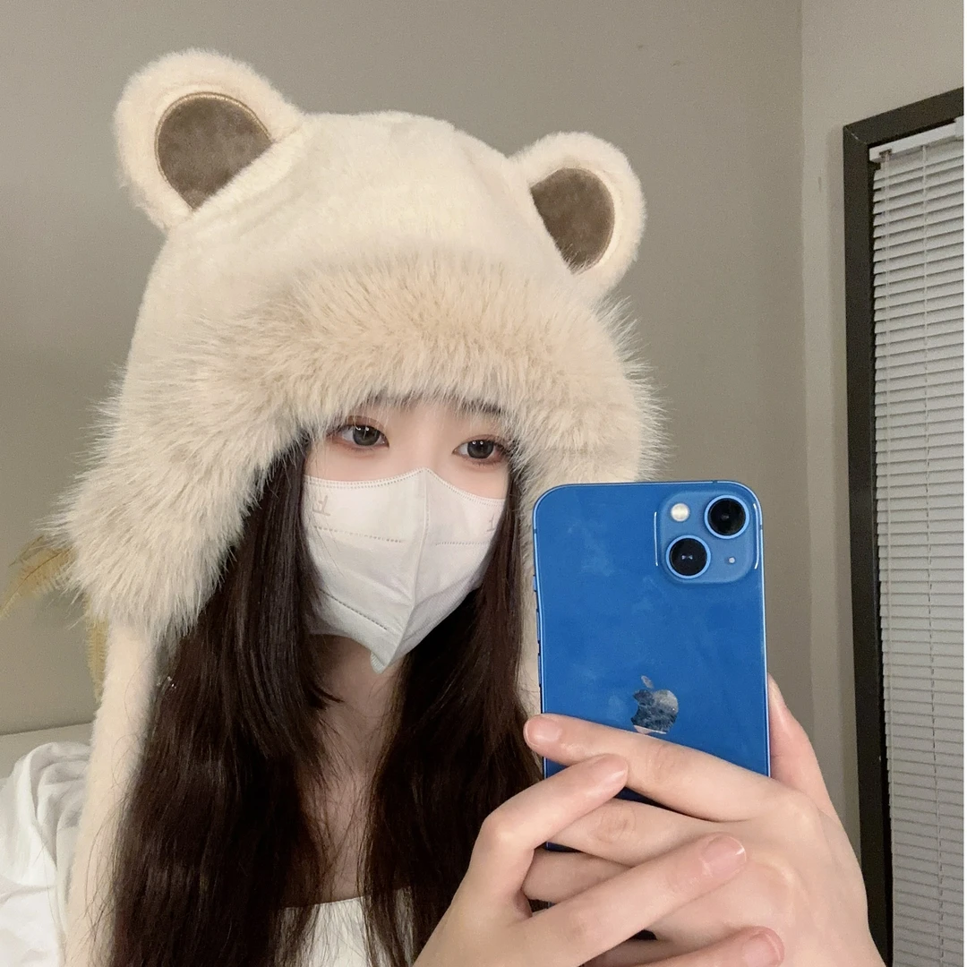 韩版可爱帽女秋冬季小熊耳朵毛绒帽加绒加厚骑行防寒护耳帽子