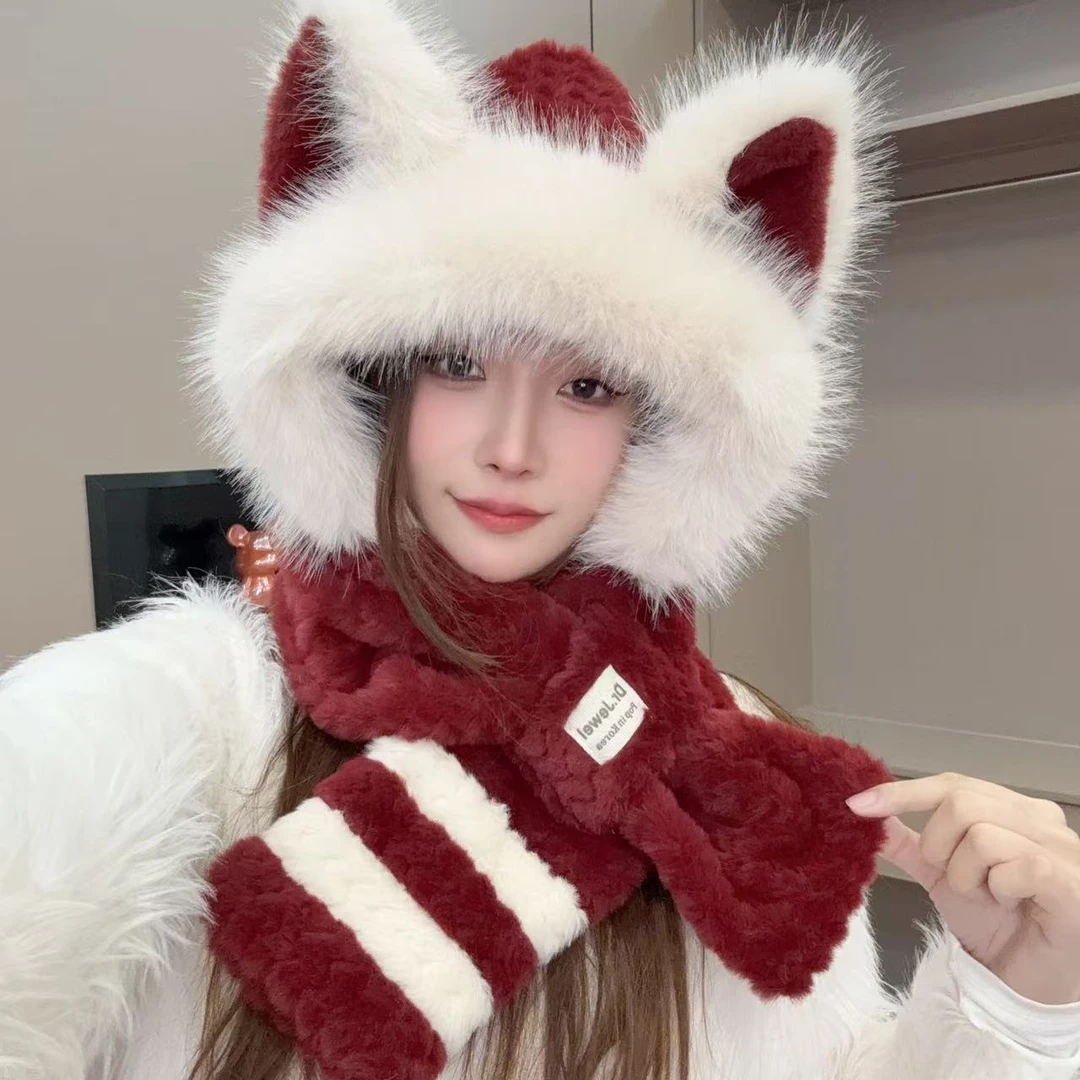 【情侣款】可爱毛茸茸狐狸耳朵帽子围巾一体防寒围脖连帽骑车护耳帽