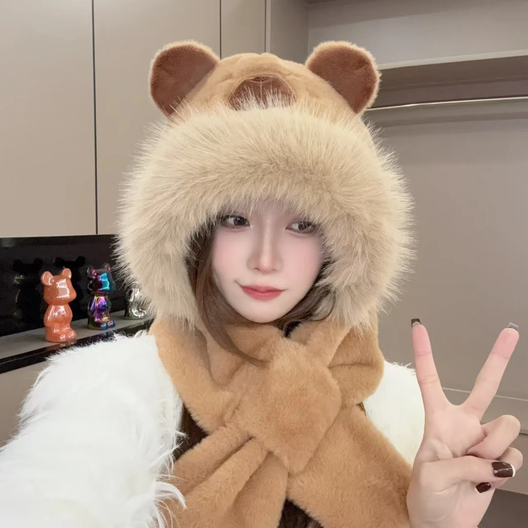 卡皮巴拉两件套子帽围巾一体男生女生冬季百搭围脖加厚保暖骑车帽