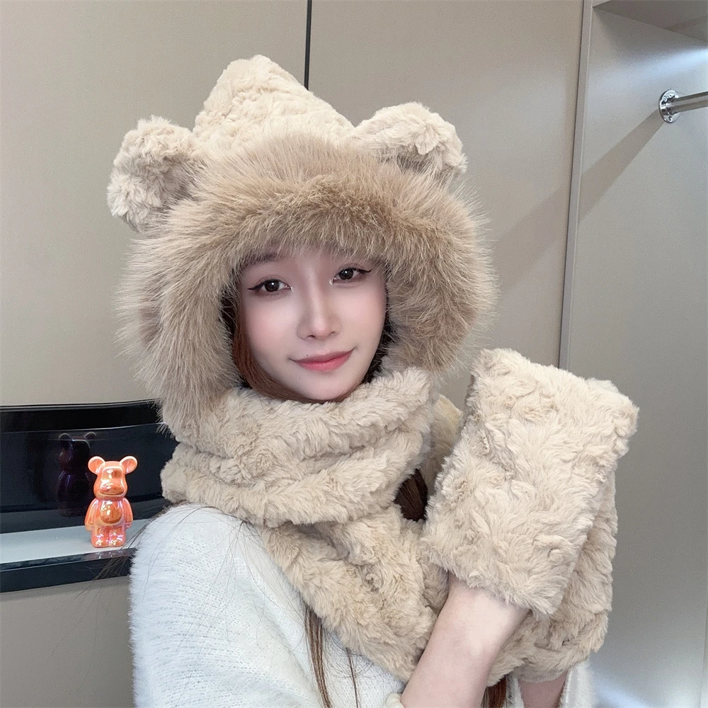 冬季甜美小熊帽子围巾一体连帽女护耳罩绒帽毛绒骑车加厚保暖帽