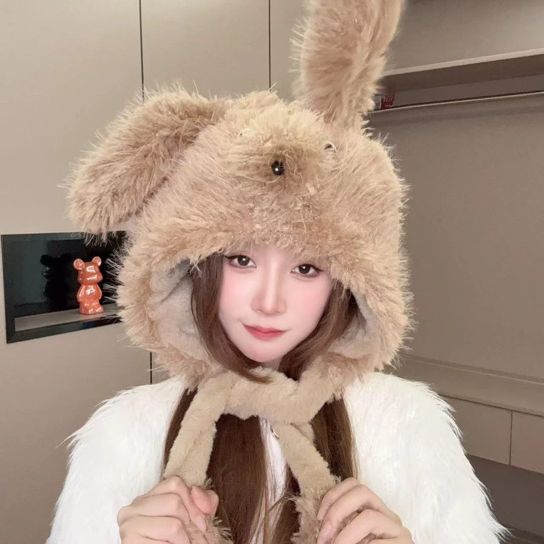 会动毛茸茸小狗狗耳朵可爱帽子百搭女冬季加厚保暖雷锋帽护耳围巾