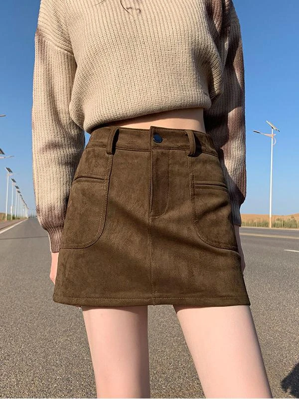 编号301-350 新款显瘦A字百搭复古高腰毛呢短裙ins