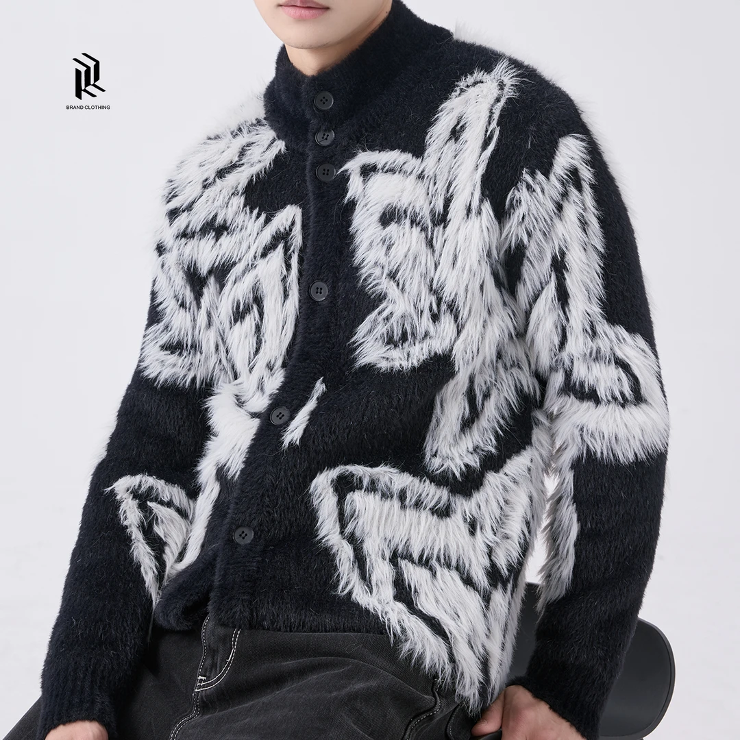 【RHETT KELLEY】非黑即白冬季新款时尚潮流重工立体针织毛衣开衫男