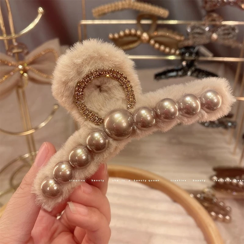 韩版香槟色珠珠毛绒抓夹女后脑勺发量多盘发夹半扎鲨鱼夹头饰发卡
