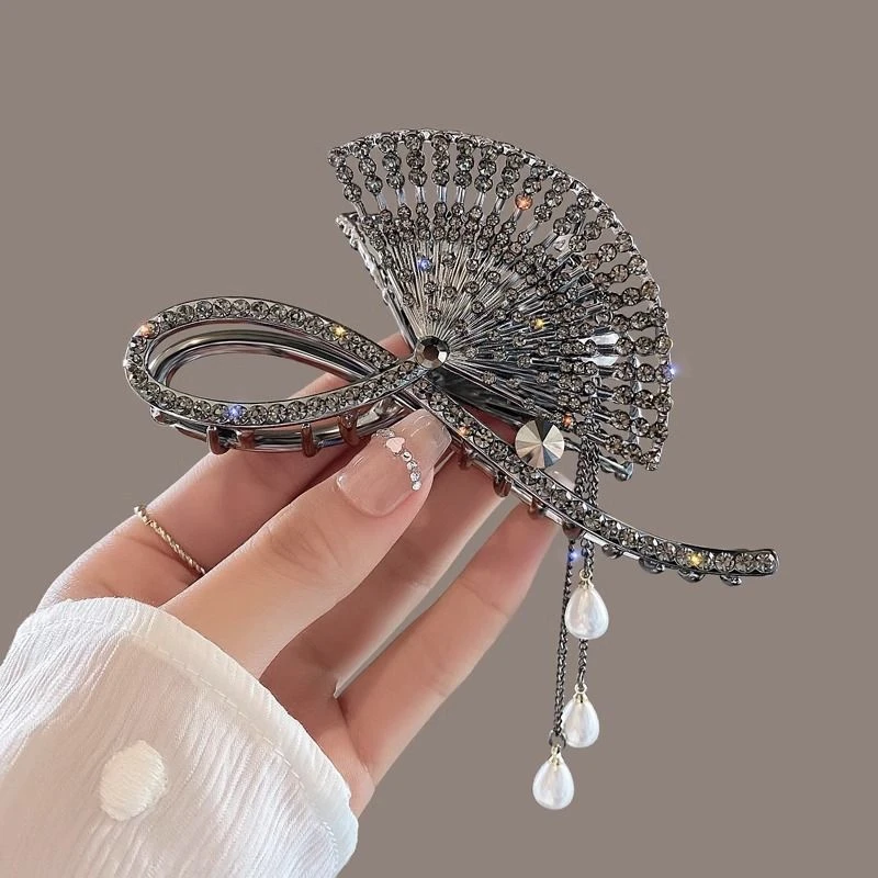 合金发饰 古风流苏扇子发夹后脑勺盘发仙女抓夹金属大号鲨鱼夹