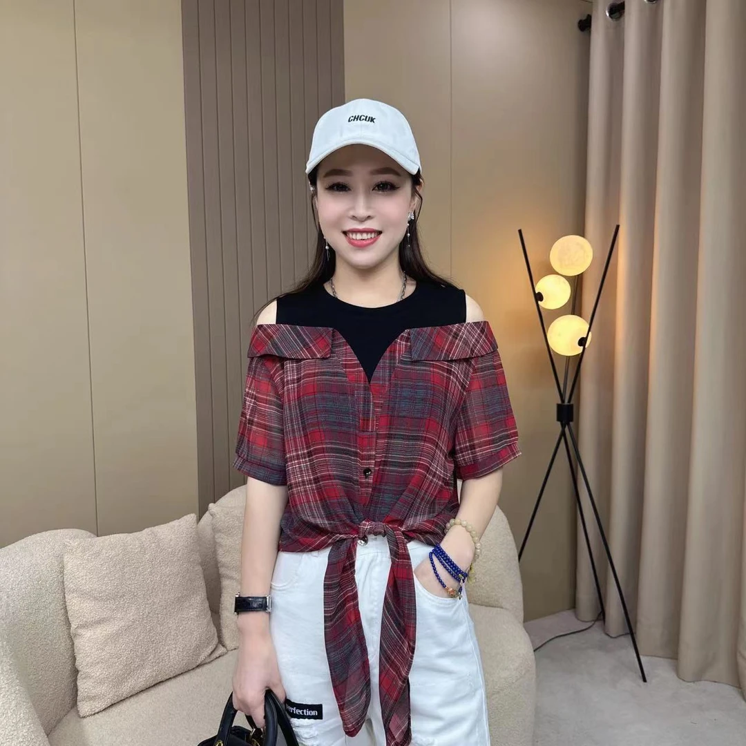 【莉莉】618夏季新品时尚百搭显瘦假两件露肩设计感拼接女士上衣