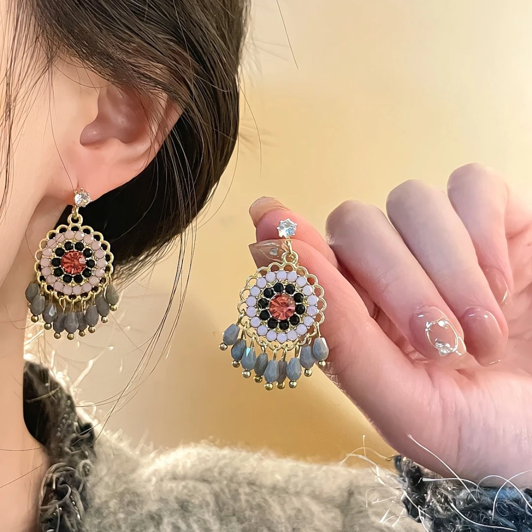 合金树脂耳饰 异域民族风彩色流苏耳环复古波西米亚气质小众耳饰