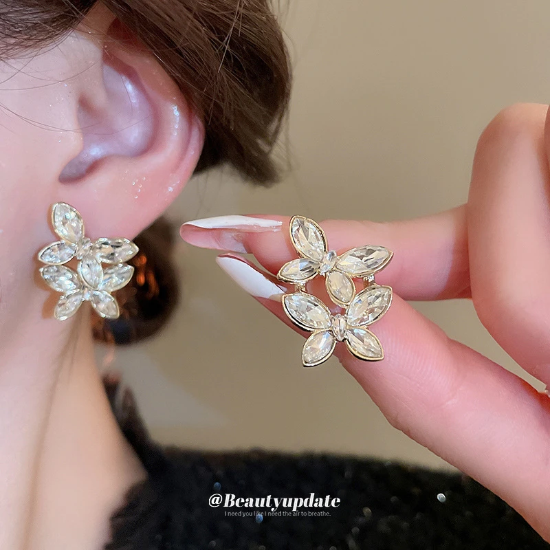 合金合成锆石耳饰 新品镶钻蝴蝶时尚轻奢气质耳环精致高级感耳饰