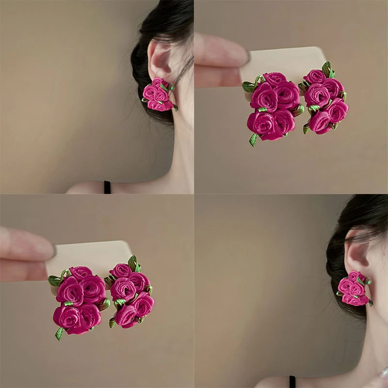 非金属布艺耳饰 法式浪漫玫瑰花朵耳环小众气质海边耳钉时尚耳饰