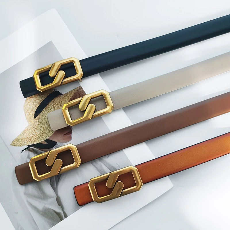 八字扣女士腰带双面可用复古真皮束腰黑色小皮带配连衣裙牛仔裤带