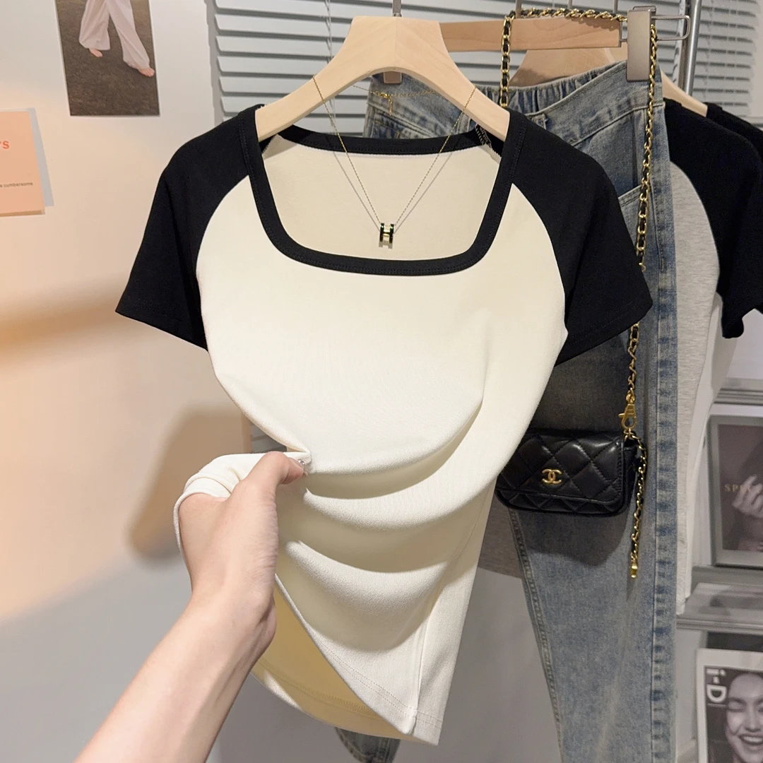 螺纹方领撞色打底衫女士短袖t恤2025新款插肩袖紧身小个子上衣ins