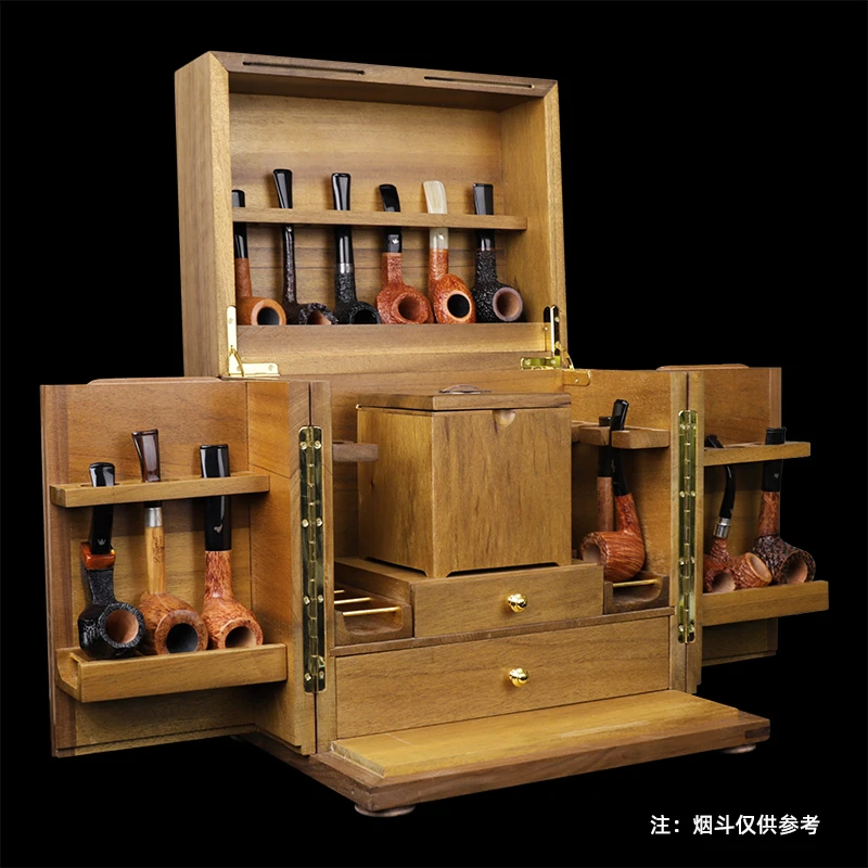 多功能实木烟斗架男士烟具黑胡桃木18位烟斗座收藏展示柜带保湿罐