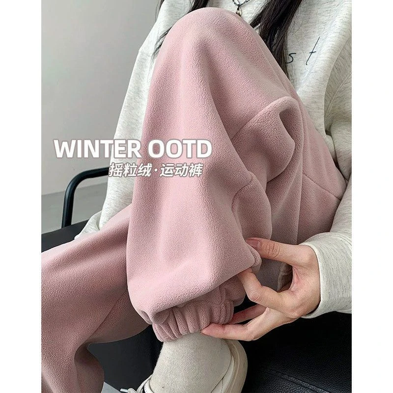 粉色加绒运动裤女秋冬季加厚外穿棉裤摇粒绒暖暖裤小个子束脚卫裤