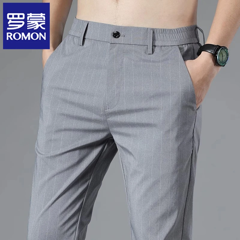 罗蒙冰丝休闲裤男士夏季薄款修身直筒条纹商务西裤夏天透气长裤子