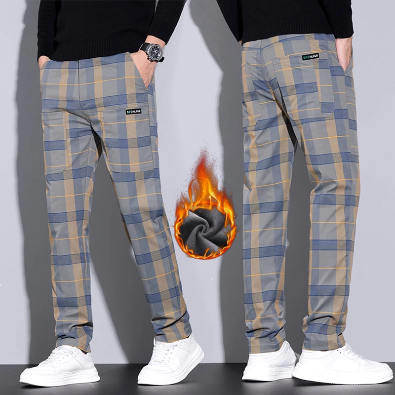 2024秋冬男士加绒保暖格子休闲裤百搭弹力六兜加厚直筒裤男款裤子