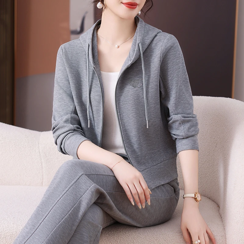 恩狐中老年女中年妈妈秋季显瘦遮肉运动套装新款连帽休闲两件套装