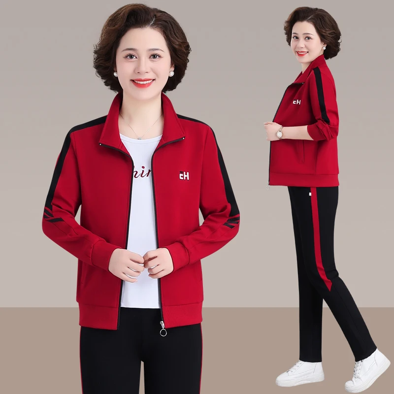 恩狐中老年运动套装女2023新款秋休闲三件套洋气宽松中年人运动服