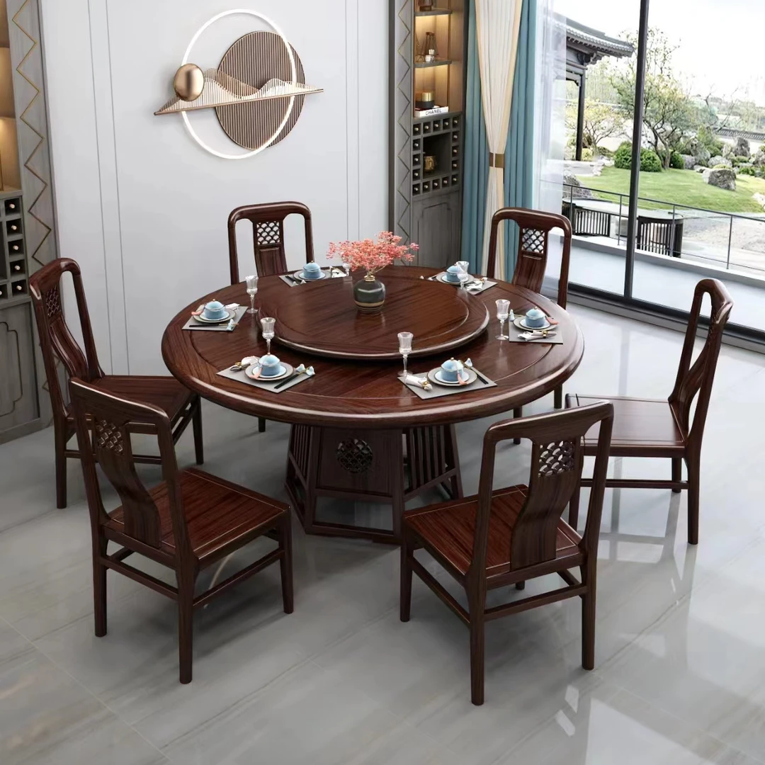 实木餐桌圆桌乌金木家具家用新中式大圆台形歺椅组合带转盘全实木