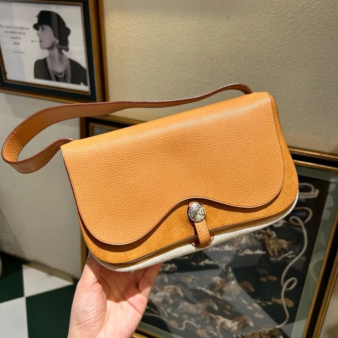 95新 Hermes/爱马仕 vintage黄色小号帆布拼皮单肩包