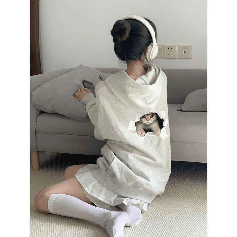 加绒加厚设计感ins胖MM潮牌2-300斤宽松连帽卫衣趣味小猫印花上衣