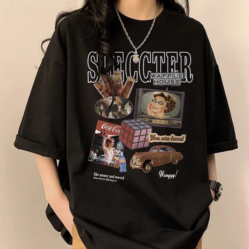 潮流100%重磅纯棉夏季小众大码2-300斤圆领半袖上衣宽松港风t恤女