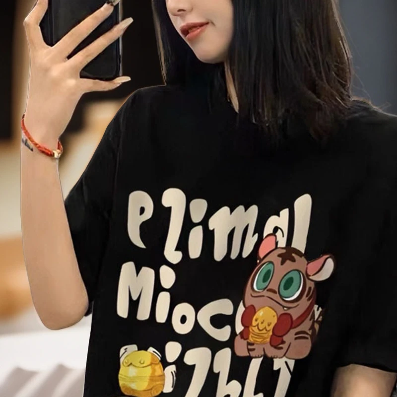 ins潮夏季美式复古宽松oversize黑色短袖t恤趣味纯棉字母印花上衣