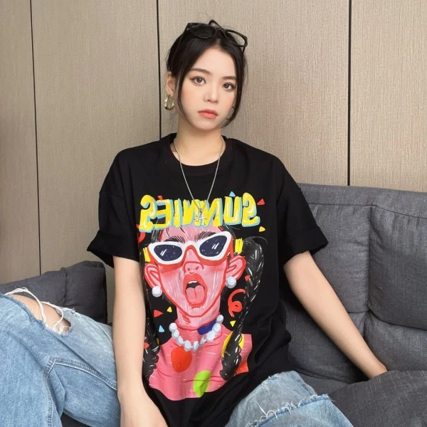 重磅纯棉时尚韩版ins半袖上衣大码胖妹妹百搭夏季黑色宽松短袖t恤