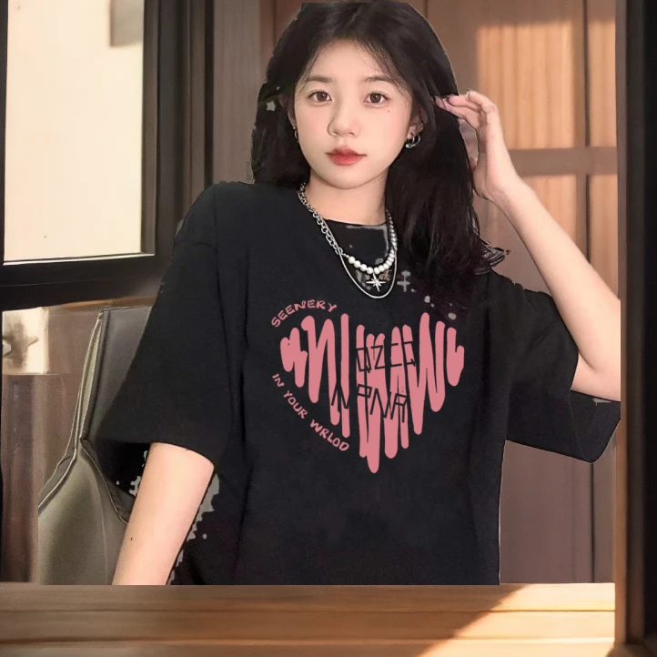 夏季女宽松大码2-300斤慵懒风垂坠感100%重磅纯棉圆领短袖T恤上衣