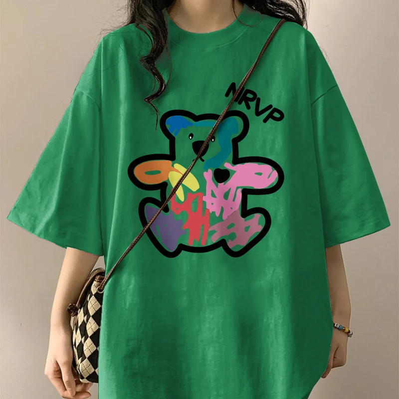 重磅纯棉趣味卡通小熊印花纯棉特大码2-300斤原宿风夏季女短袖T恤