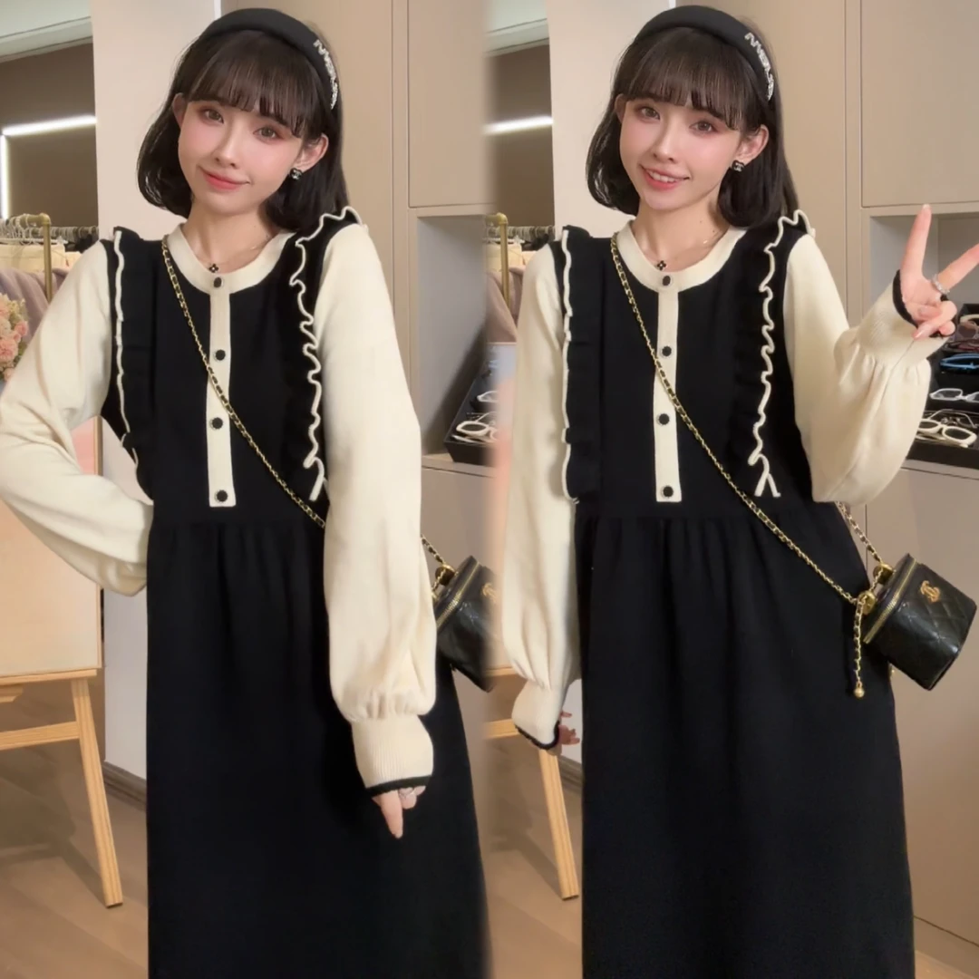 孕妇中长款连衣裙拼色小香风孕妇连衣裙打底裙内搭孕妇假两件