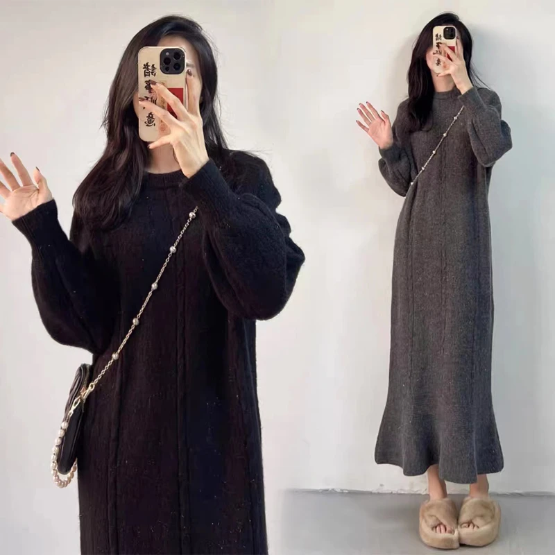 孕妇装连衣裙孕期新款针织鱼尾裙子宽松孕妇长款毛衣加厚秋冬款