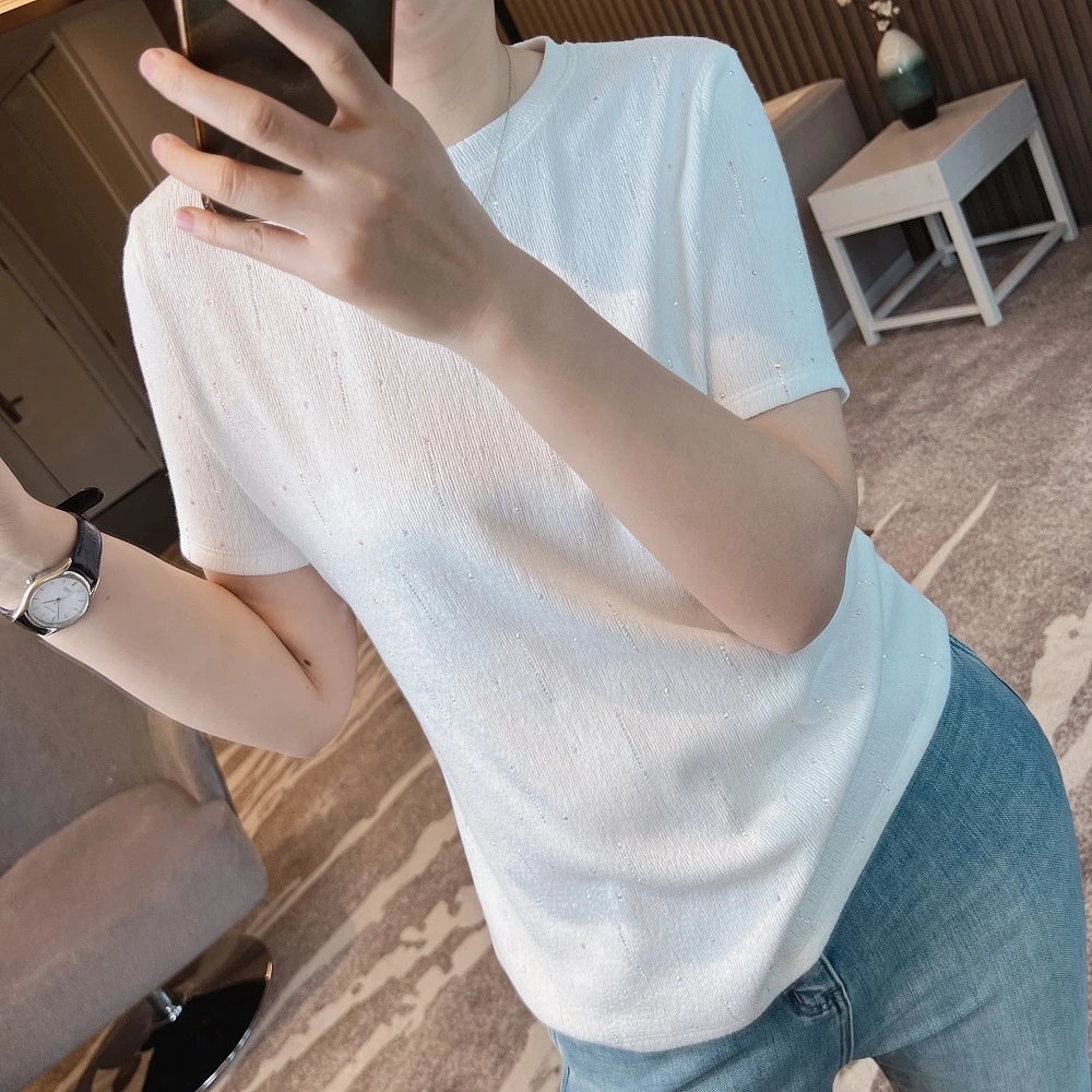 米娜—重工烫钻圆领短袖女装时尚百搭气质休闲薄款