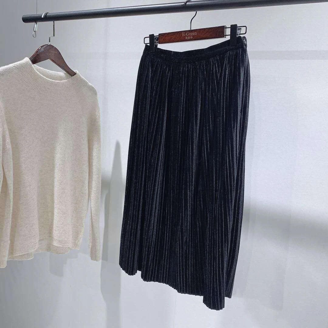 米娜—埃格林新秋冬轻奢进口丝绒半裙女士黑色