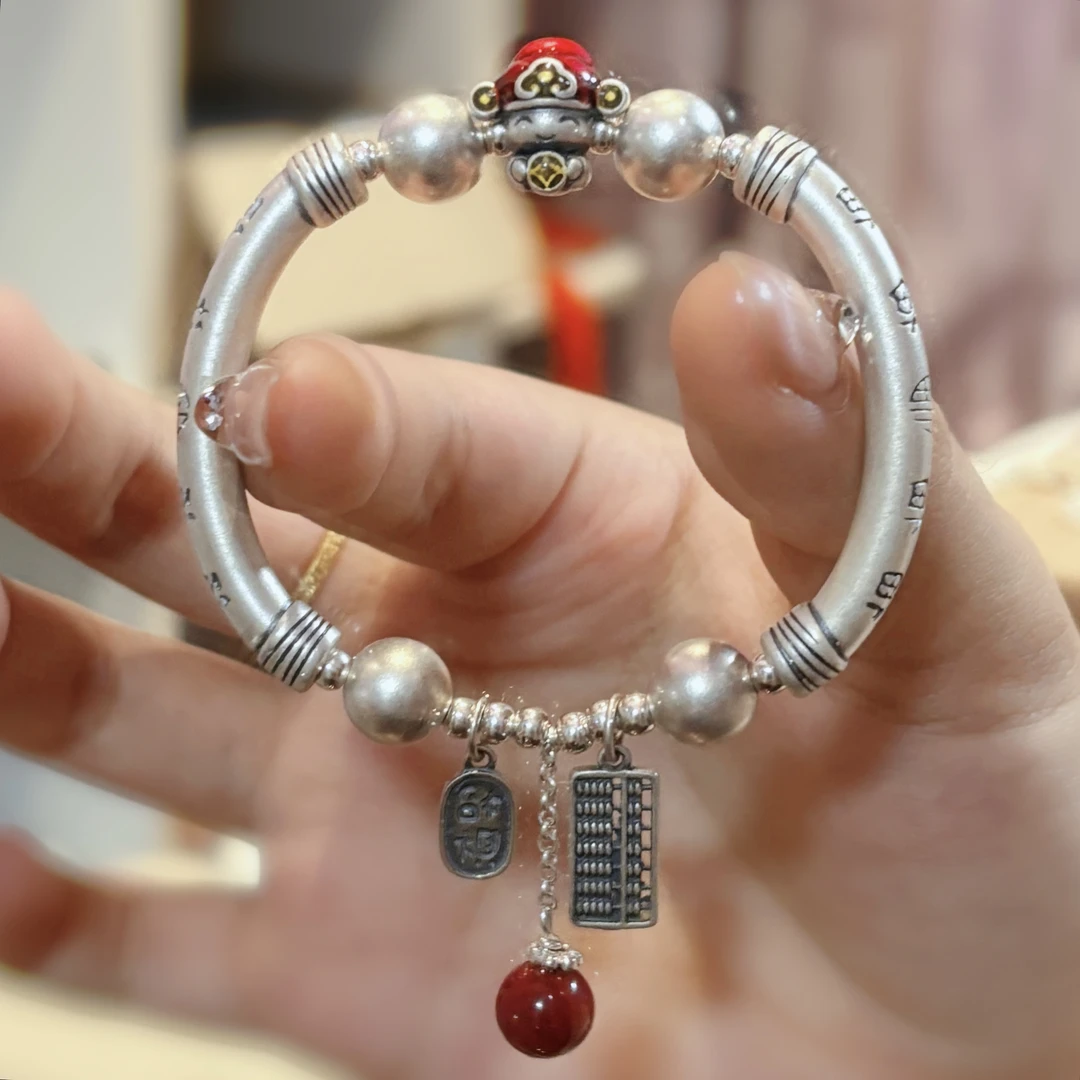 含辰砂工艺品 足银999手镯财神招财算盘半镯纯银手链25年新年礼物