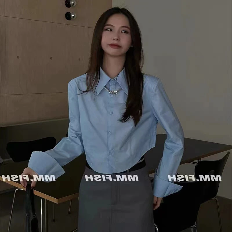 蓝色衬衫女2025新款早春装设计感小众上衣内搭收腰短款衬衣小个子