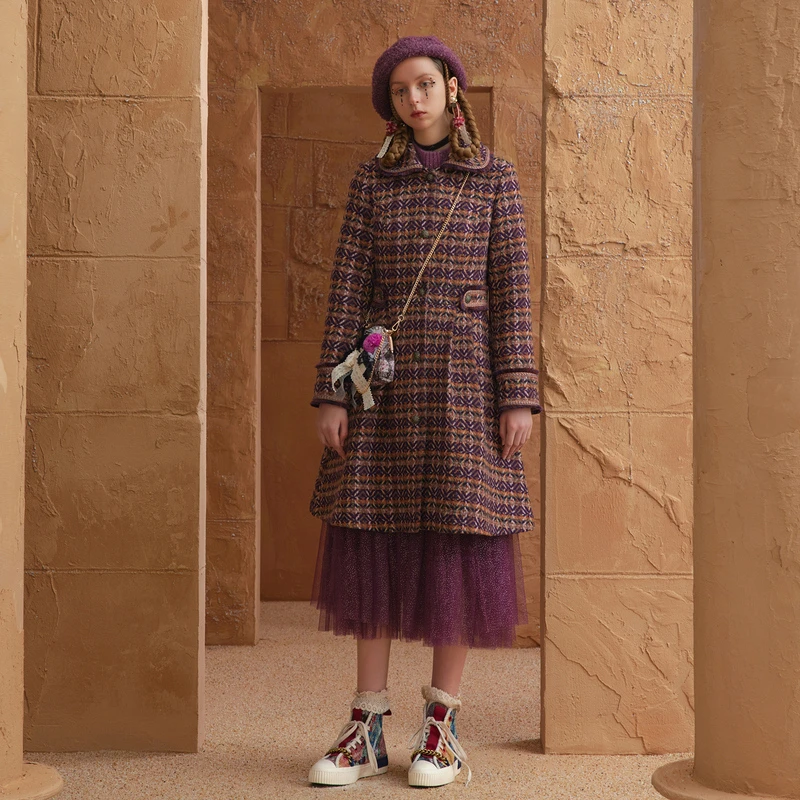 0038【赵老板专属】菀草壹冬季中长款复古格子大衣D65900151