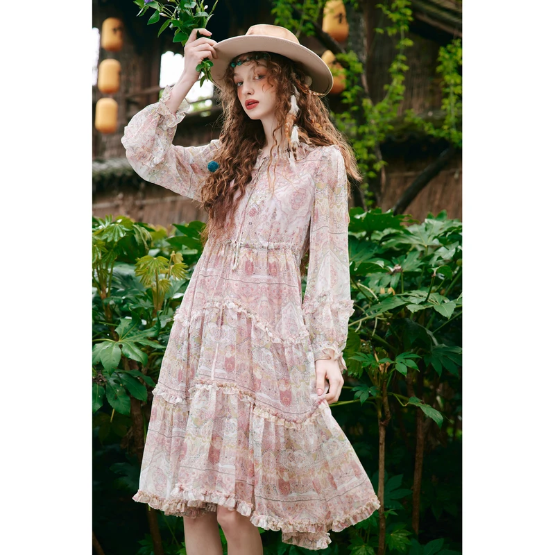 菀壹2025年秋季新款连衣裙女褶皱茶歇裙宽松a字中长裙Q15921331