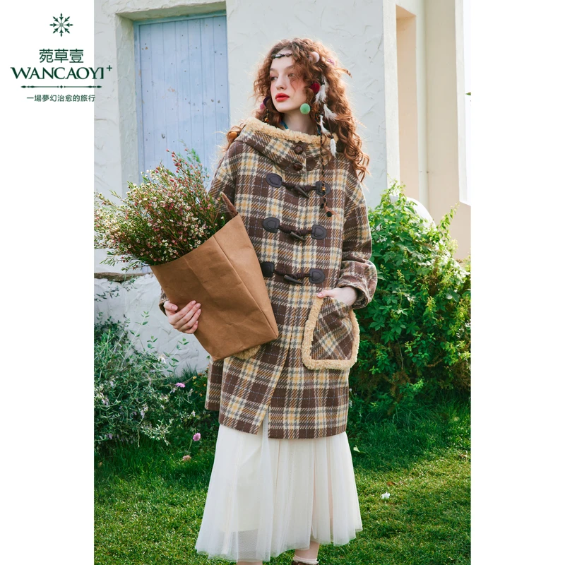 【反季】菀草壹款百搭双面宽松加厚毛呢格子韩版短外套W07020351