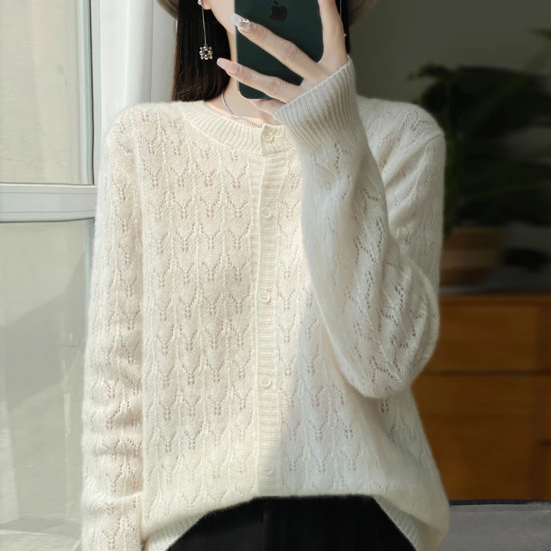100%羊毛~圆领镂空开衫2024秋冬新款针织衫显瘦打底毛衣洋气内搭
