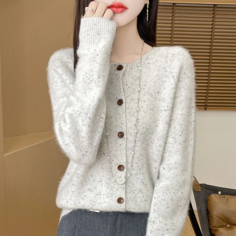 100%羊毛开衫外套点子纱早秋新款七针加厚圆领针织衫百搭外套