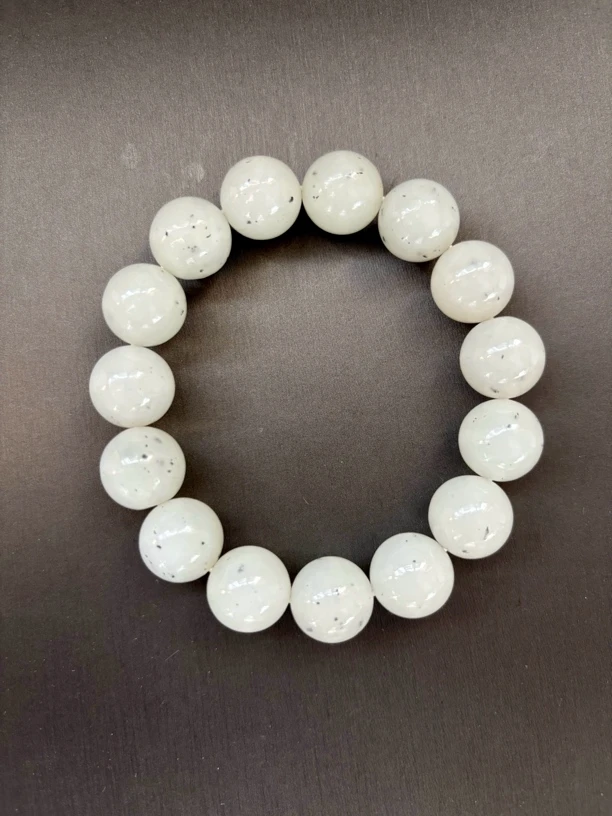 新疆和田玉点墨青花羊脂白14mm玉手串手链渐变镶嵌素圈时尚白色