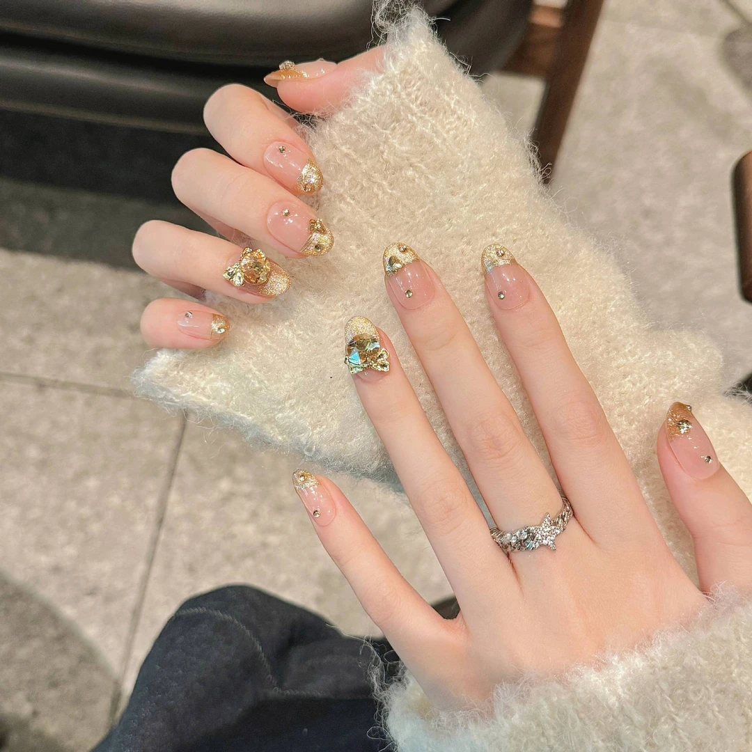 【法式香榭】纯手工光疗穿戴甲金色钻猫眼显白高级感法式美甲可拆卸