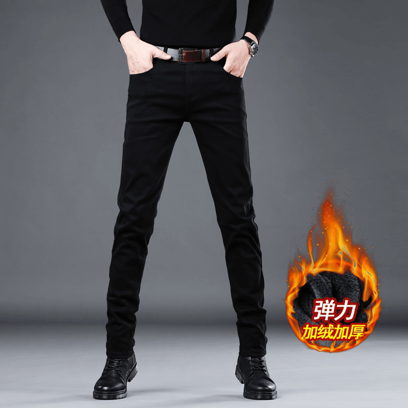 香港黑色加绒加厚牛仔裤男修身小脚2022高端商务弹力休闲长裤秋冬