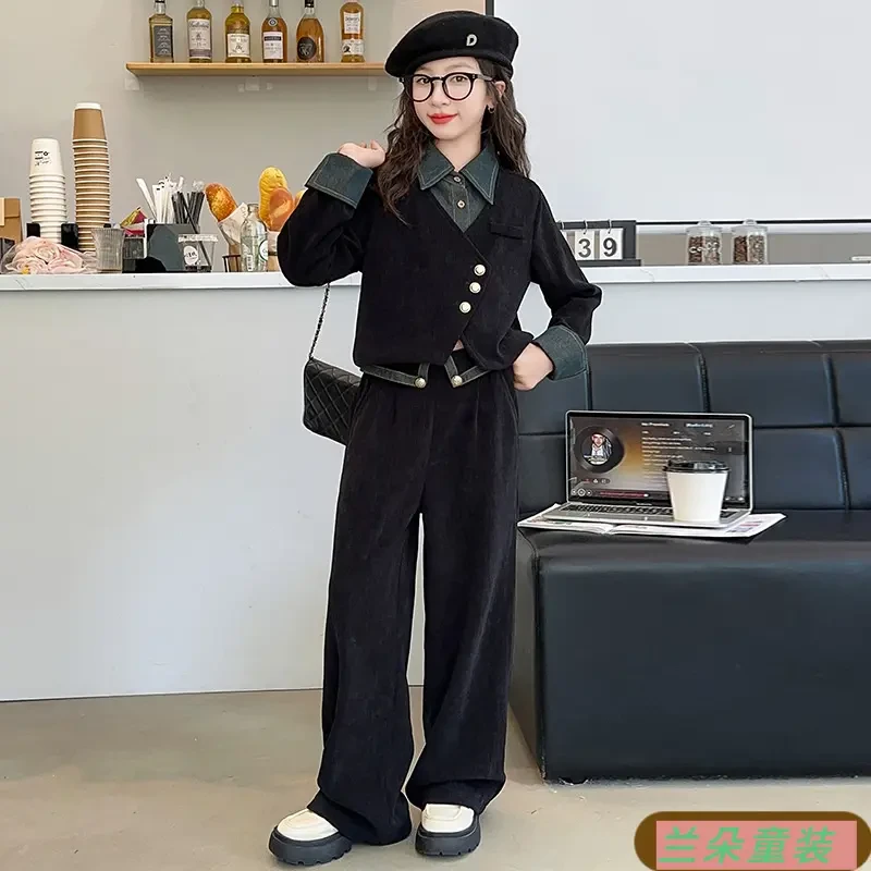 新款韩版中大童设计感上衣阔腿裤长裤拖地裤潮女童秋款套装